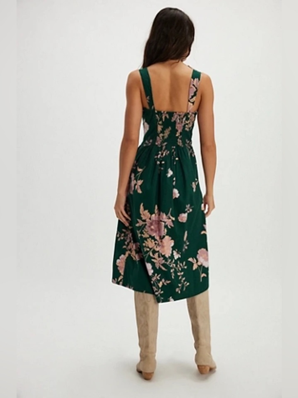 Free People Green Floral Corset Midi Dress S Cottagecore Slit Pockets Romantic - Picture 2 of 15